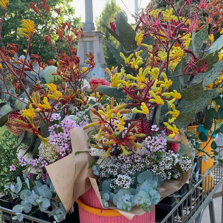 Through glass window of positive diverse florists decorating counter of cozy floristry store with various flowers in daytime